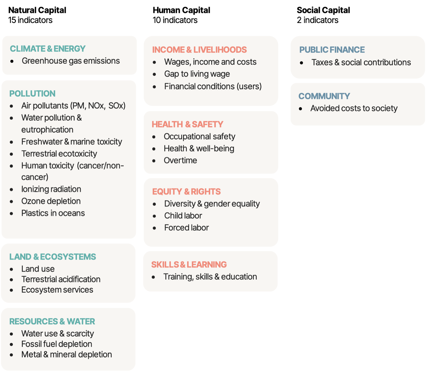 Figure 1 — 27 impact drivers mapped across the three capitals: natural, human and social capital.