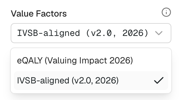 The value factor set selector in project settings, with the eQALY default and the IVSB-aligned set