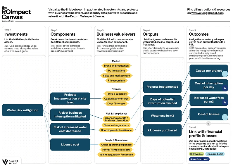 The ROImpact Canvas guides teams through six columns — Investments, Components, Business Value Levers, Outputs, Outcomes, and linkage to financial P&L — with the 14 levers across Market, Finance, Risk & Compliance, and People & Operations. A water risk mitigation project is illustrated in the canvas.