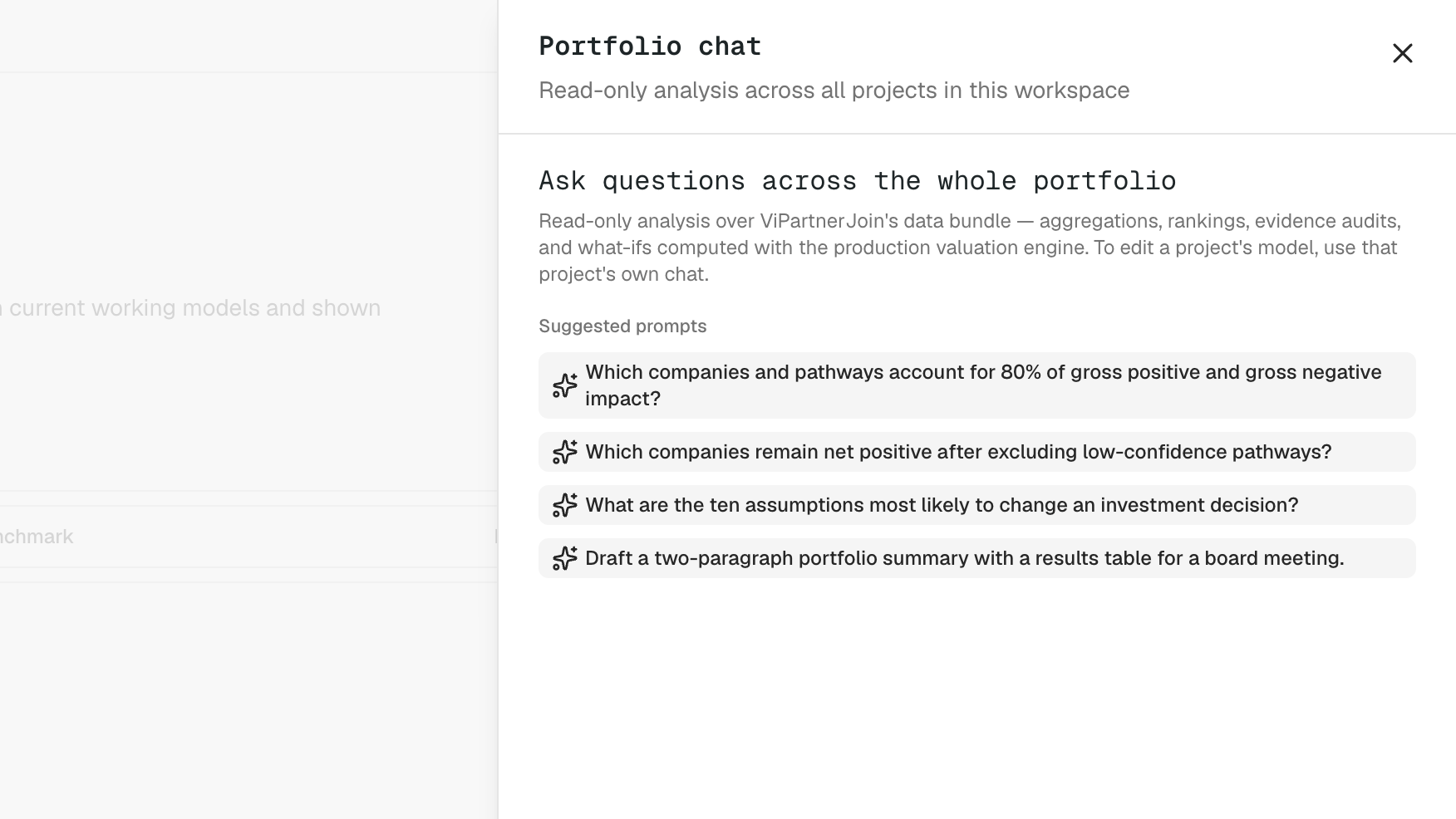 The Portfolio chat panel, with suggested prompts for gross impact concentration, low-confidence exclusions, decision-critical assumptions and a board summary
