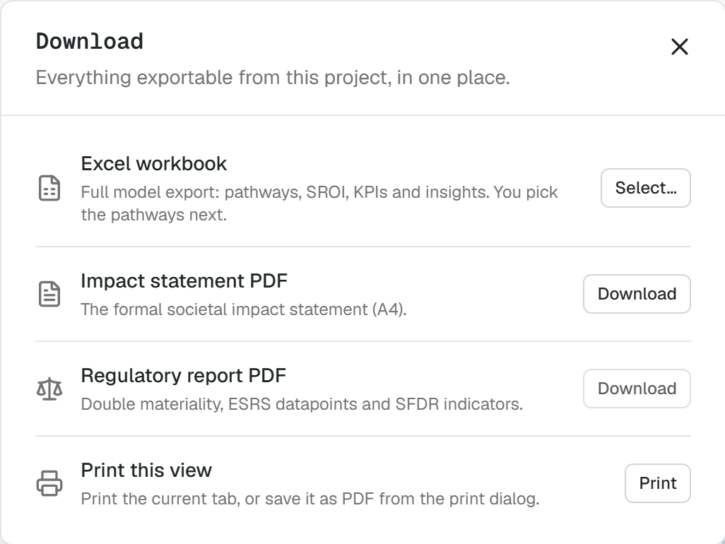 The download pop-up offering the Excel workbook and PDF outputs