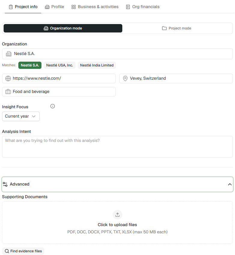 Searching for an organization by name, with matching results listed