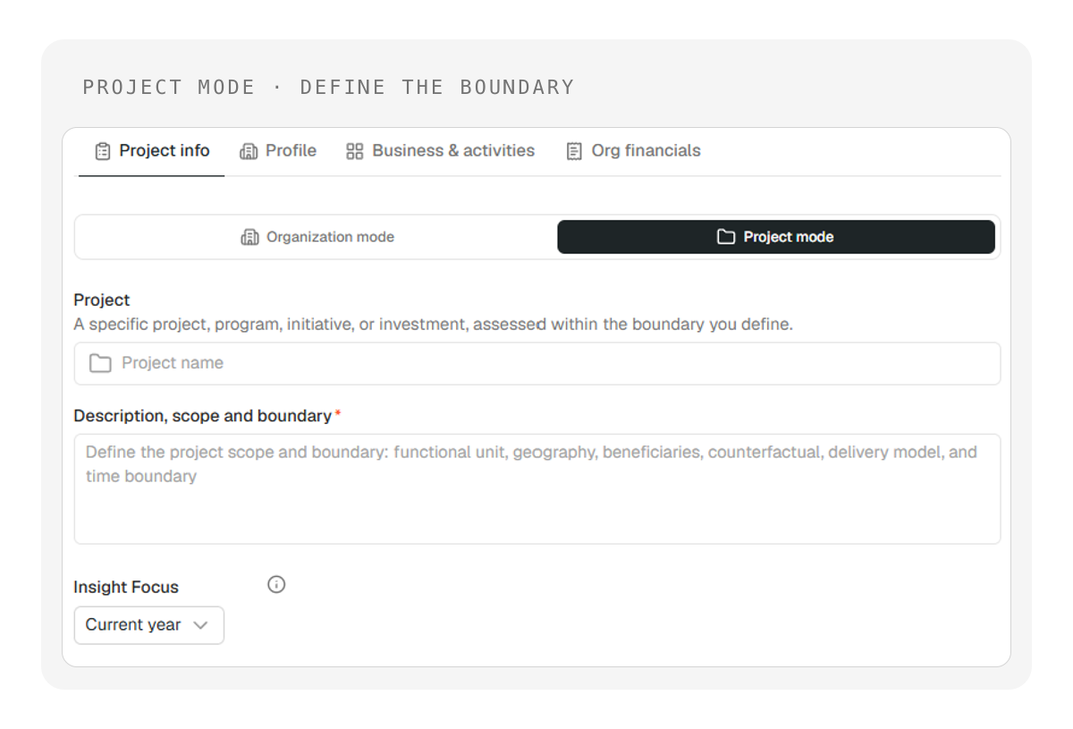 The Project mode setup screen with the description, scope and boundary field