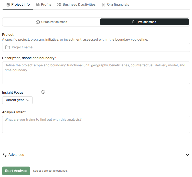 The Project mode setup screen, with the description, scope and boundary field at the top